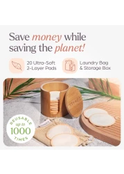 Reusable Cotton Rounds for Face 20 Pack Soft Reusable Makeup Remover Pads with Washable Drawstring Laundry Bag Bamboo Holder All Skin Type Skincare Set Facial Cleaning Cloth