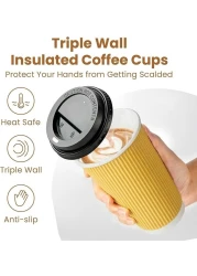 YESOCEA [50 Set] 12 oz. Kraft Disposable Coffee Cups With Lids - Triple Wall Ripple Brown Hot Paper Cups for Tea, Drinks To-Go