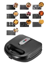 10 in 1 Sandwich Maker 750W Multi Function Machine with Changeable Plates for Waffle, Grill, Donut, Sandwich, 5 Cookie Designs, Nut Shapes, &amp; Cone Maker Non Stick Coating