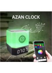 Quran Speaker with Remote &amp; App Control, Dimmable 7-Color Changing Azan Bluetooth Speaker, 16 Language Support, MP3 Music, Night Light, and Alarm Clock