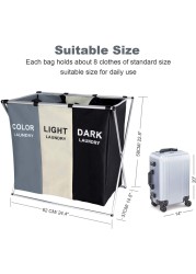 Doreen Laundry Clothes Hamper Sorter Basket Bin Foldable with Aluminum Frame, Clothes toys Waterproof Organizer Bag, Washing Storage Dirty Clothes Bag for Bathroom Washroom Bedroom (3sections)（GC1755A