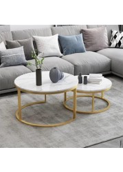 Wooden Twist Modern Designer Marble Top Metal Frame Round Coffee Table (Set of 2)