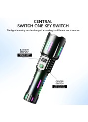 مصباح يدوي LED عالي الطاقة - فانوس تكتيكي قابل لإعادة الشحن عبر USB مع تكبير تلسكوبي، إضاءة طويلة المدى، مصباح خارجي مقاوم للماء للتخييم والمشي لمسافات طويلة،
