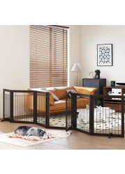 PAWLAND 144inch Extra Wide 30inches Tall Dog gate with Door Walk Through Freestanding Wire Pet Gate for The House Doorway Stairs Pet Puppy Safety Fence Support Feet Included Espresso6 Panels