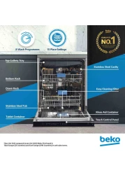 Beko Freestanding Dishwasher 15 Place Settings, 8 Programs,3 Racks,A++ Energy Rating,10 yrs warranty on Prosmart inverter motor,BDEN38523XQ(Stainless)