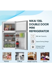Nikai 135L Gross/88L Net, Small Double Door Mini Refrigerator with Vegetable Crisper &amp; Adjustable Glass Shelves, Defrosting, Mini Fridge for Home, Kitchen, Bedroom, Office &amp; Hotels NRF135DDS Silver