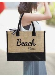1set Beach Letter Print Tote Simple Linen Tote Reusable Grocery Shopping Tote Bag And Makeup Bag Holiday Gift Bag Perfect For Vacation Travel Khaki Summer Essentials Perfect For Vacation Holiday Suita