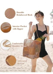 1pc Beach Mesh Tote Bag Casual Tote Bag Women Foldable Shoulder Handbag For Beach Picnic Vacation Large Capacity Waterproof Beach Bag Lightweight Foldable Beach Bag Portable Travel Bag Travel Essentia