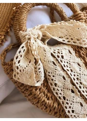 Lightweight Portable Small Straw Bag Skinny Scarf Decor Drawstring Double Handle For For Teen Girls Women College Students Perfect For School Outdoors Travel Outings Handbag Shoulder Bag Elementary Sc