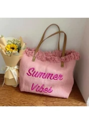 Fashion Large Capacity Letter Tassel Canvas Tote Bag Minimalist Commute And Shopping Shoulder Handbag