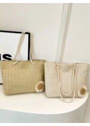 حقيبة تسوق كبيرة السعة منسوجة من القش اللون الصلب ، للنساء ، بأسلوب بوهيمي جميل به زخرفة زهرة اللوتس الصغيرة ،