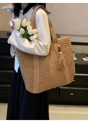 1 Pc Fashionable New Casual Summer Holiday Style Large Capacity Portable Solid Color Grass Woven Zipper Tote Bag With Wooden Bead Tassel Pendant Women s Beach Bag Suitable For Outdoor Leisure Vacation