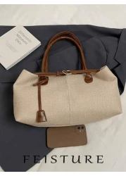 FEISTURE 1 Piece Summer Straw Woven Handbag Beach Bag By The Sea Large Capacity Belt Buckle Design Tote Bag Magnetic Buckle Closed Suitable For Girls Ladies College Students Newcomers And White Collar