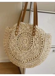 Yogodlns Hollow Out Summer Round Bags For Women Rattan Shoulder Bag Girls Handmade Woven Handbags Female Large Summer Perfect For Vacation Holiday School Bag Large Capacity Portable Classic Casual For