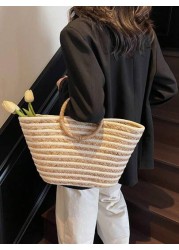New Straw Tote Bag Large Capacity Women Casual Versatile Handbag Shopper Bag Striped Round Handle Beach Bag For Vacation Travel
