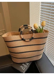 حقيبة كبيرة السعة منسوجة من القش، حقيبة يد عصرية متعددة الاستخدامات للنساء، حقيبة تسوق ذات نمط مخطط، حقيبة يد