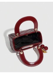 1pc PU Leather Handbag Wine Red Bag Versatile Patent Leather Quilted Tote Bag Structured Small Bag Fashionable Shoulder Crossbody Bag Geometric Pattern Purse