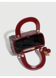 1pc PU Leather Handbag Wine Red Bag Versatile Patent Leather Quilted Tote Bag Structured Small Bag Fashionable Shoulder Crossbody Bag Geometric Pattern Purse