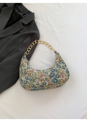 Fashion Metal Chain Handbag With Flower Design Floral Printed Canvas Shoulder Bag Tready Crescent Moon Bag For Women Exquisite Floral Bag For Women