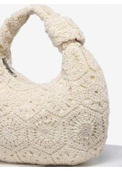1pc Women Retro Minimalist Casual Imitation Knitting Angora Deer Velvet Leopard Print Bohemian Hippie Hollow Crocheted Woven Artificial Leather One Shoulder Armpit Baguette Bag Suitable For Outing Dat