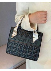 1pc 2pcs Set Fashionable Quilted Square Tote Bag With Letter Pattern And Skinny Scarf Decor Large Capacity PU Shoulder Bag Purse Set Professional Business Briefcase For Work Commute Casual Handbag Off