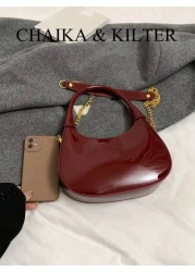 1pc CHAIKA KILTER Women Glossy PU Leather Tote Bag Fashionable Crescent Shaped Armpit Bag With Detachable Metal Chain Zipper Closure Suitable For Daily And Outdoor Use