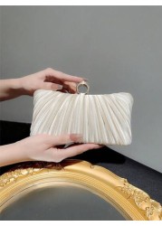 Women Fashionable Shiny Ring Buckle Pleated Satin Box Clutch Bag For Evening Dress Formal Party Prom Wedding Chain Handbag
