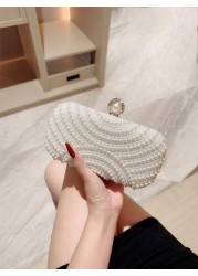 1pc Elegant Faux Pearl Box Shape Evening Clutch Bag White Romantic Wedding Party Purse Luxury Rhinestone Decor Evening Gown Bag Formal Party Crossbody Chain Bag Perfectly Matching With New Years Outfi