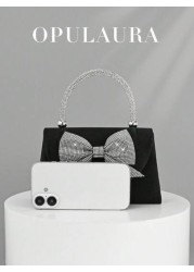 OpulAura Women s European And American Fashion Black Satin Flap Clutch Evening Bag Sparkling Elegant Bowknot Rhinestone Decor Party Handbag Luxury Satin Formal Dress Bag Chain Shoulder Bag Suitable Fo