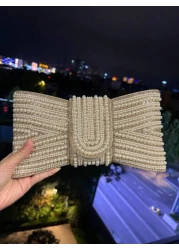 حقيبة مسائية ذو مقاس كبير عالية الجودة، من الدرجة A، مزينة بفيونكة من الراين واللؤلؤ الصناعي والكريستال اللام