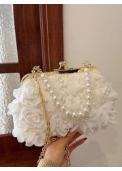 1pc White Romantic Wedding Season 2025 Spring Summer Pearl Net Yarn Flower Clip Pearls Handbag Ladies High End Luxurious Dress Evening Bag Bridal Bag For Wedding Party Banquet Elegant Pearl Bag Exquis