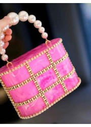 1pc Rose Pink Marble Texture Rhinestoned Pearl Party Clutch Bag With Chain Strap Luxury Evening Bag Suitable For Wedding Gala