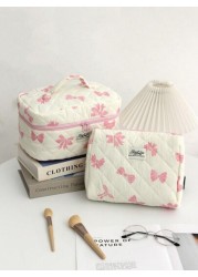 1Piece Bow Travel Toiletry Bag With Handle Quilted Fabric Large Capacity Women Handle Cosmetic Bag Cosmetic Brushes Storage Make Up Organizer Travel Skincare Makeup Pouch For For Bathroom For College
