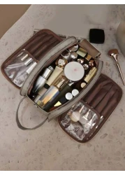 1pc Portable Stylish Three Layer PU Leather Makeup Bag Multifunctional Cosmetic Bag Double Zipper Travel Makeup Brush Toiletries Storage Bag Coin Purses Pouches Large Capacity Wash Bag With Zipper Fas