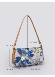 Sequin Embroidery Floral Baguette Bag Ladies Fashion All Match Beaded Stitching Underarm Bag With Color Block Embroidery Zipper Shoulder Bag Cut Randomly Elegant Pearl Bag