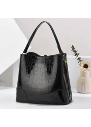 1 Pc Stone Texture Handbag 2024 New High End Glossy PU Bucket Bag With Multiple Compartments Large Capacity Suitable For Daily Commute Shoulder Carry