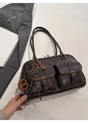 موديل كلاسيكي أنيق, جلد صناعي بنمط لوحي مقاوم للماء, بتصميم ديكوري بأنماط الحروف, متعدد الجيوب, حقيبة ظهر, حقيب