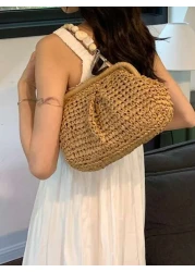 Solid Color Straw Fabric Beach Travel Casual Shoulder Bag For Women Minimalistic Design Vacation Bag For Summer Perfect For Beach Vacation Shopping And Vacation Essentials Perfectly Matching With Vaca