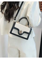 حقيبة يد من القش للسيدات مع غطاء طري ومخرم باللون المتباين والتطريز، حقيبة تسوق أنيقة للسيدات الشابة