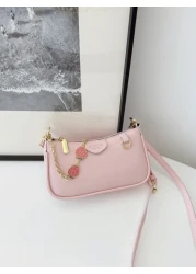 New Fashion Classic Joker Solid Color Pu Waterproof Fabric Shoulder Baguette Bag Strawberry Metal Chain Decorated Underarm Bag Elegant Handbag Business Commuter Bag Suitable For Travel Shopping Partie