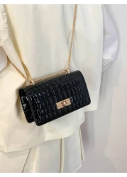 حقيبة كتف سلسلة جلد صناعي بطبعة تمساح صلبة عصرية صغيرة الحجم