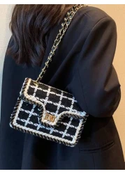 New Simple And Fashionable Black And White Plaid Woolen Single Shoulder Crossbody Small Square Bag Suitable For Women s Vacation Travel Daily Use Dating Gifts