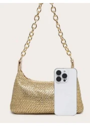 قطعة واحدة، حقيبة نسائية من القش الخفيفة المنسوج بسلسلة معدنية، موضة عصرية عالية الجودة للشاطئ ذات سعة كبيرة