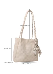Scarf Letter Patch Decor Textured Square Bagtote Bag Handbag Shoulder BagCasual FashionGeometricLightweight Portable Large CapcityFor Girl For College Students For Woman For Women Rookies White Collar