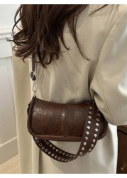 Fashionable Retro Rectangular Handbag Women s Rivet Decor Underarm Tote Bag Classic Zipper Shoulder Bag