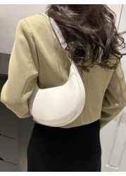 1pc Zipper Closure PU Solid Color Crescent Armpit Bag Fashionable Retro Office Work Shoulder Bag Versatile Baguette Bag