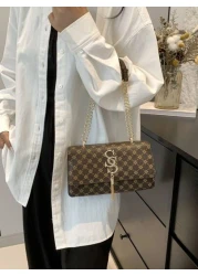 Plaid Rhombus Floral Pattern Flap Baguette Bag For Women Metal Tassel Letter Decor Shoulder Crossbody Handheld Multi Use Commute Bag