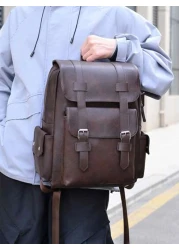 Men s Fashionable Casual Plain PU Flap Multi Pocket Large Capacity Backpack Suitable For Business Shopping Travel And Versatile Wear