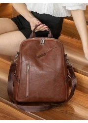 Fashionable Backpack Vintage Style Large Capacity Casual Synthetic Leather Adjustable Shoulder Straps Zip Closure Polyester Lining Embossed Line Detail Suitable For Daily Commute
