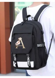 1pc Letter Printed Fashionable Functional Nylon Backpack With Extra Charging Port Suitable For Men Ideal For High School And College Students For Season Traveling And Vacation Letters From A To Z Holi